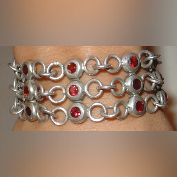 Triple Row Silver Chain Bracelet with Garnet or Ruby Red Stones – Bold & Elegant - Picture 3 of 3